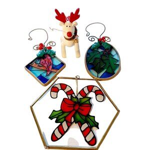 Handcrafted Christmas Stained Glass Ornament Set With Candy Cane Motif & Cardina